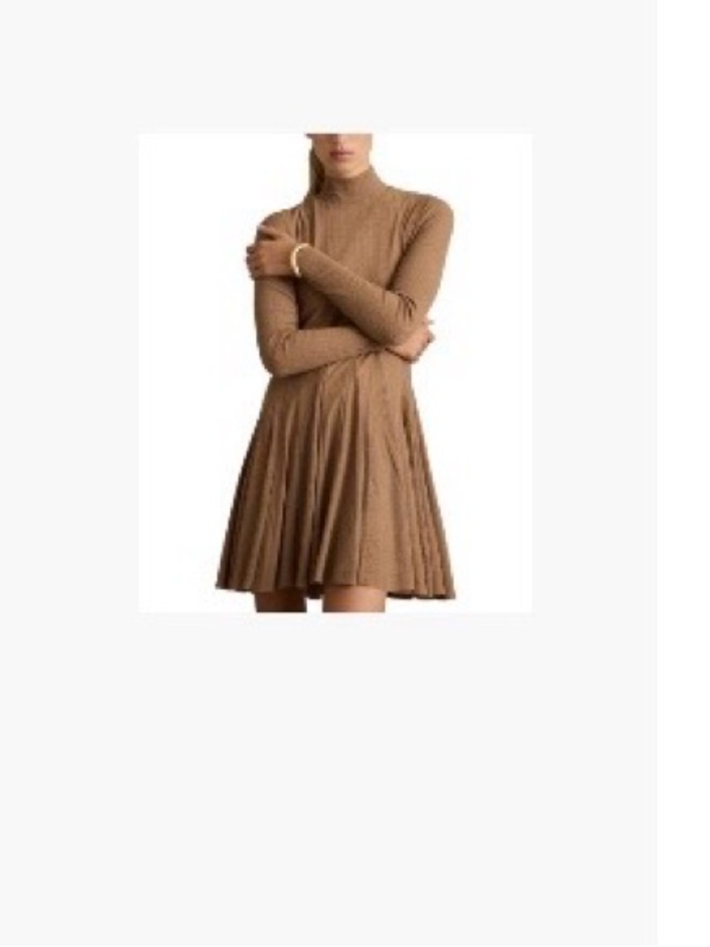 Reiss Tan Long-Sleeve Pleated Swing Dress